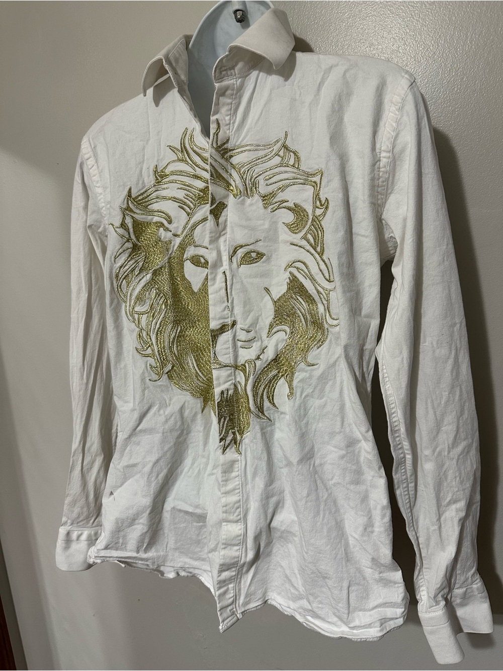 Versace White Button‑Up Shirt M – Gold Lion Embroidered Designer Top vintage